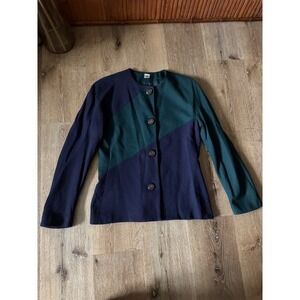 Vintage 100% Women Pure Wool Colorblock Blazer Navy Green Gold Button Size 2/S